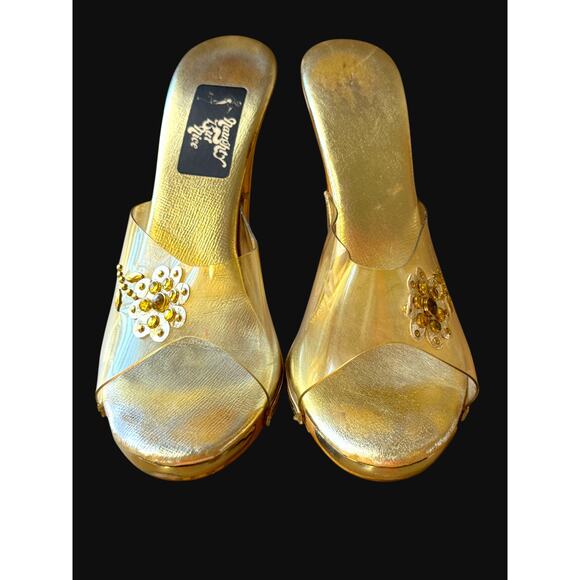 Naughty But Nice Shoes - Naughty But Nice Vintage Gold Metallic Wooden Platform Slides - Size 7